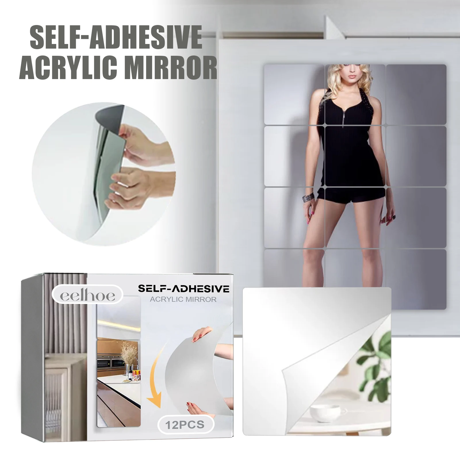 12 Stück Selbstklebende Bruchsichere Wandspiegel Acryl-Fliesen DIY Ganzkörperspiegel Ohne Bohren Schlafzimmer Wohnzimmer Deko