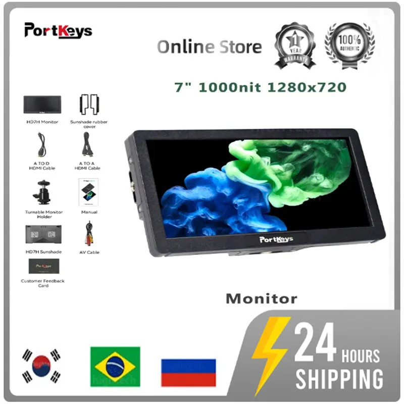 Portkeys HD7H Camera Field Monitor 7'' 1000nit High Brightness Camera Monitor with Top Shortcut Keys 1/4 Screw for Most DSLR