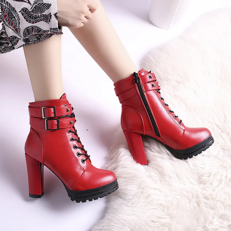 

Fashion Womens High Heels Paltform Fall Autumn Winter Ankle Boots Rivets Thick Shoes Lady Chunky, high-heeled motorcycle boots