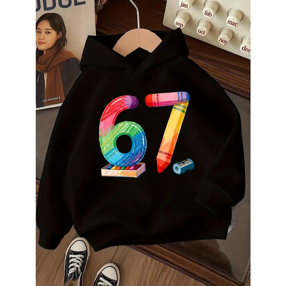 Rainbow Crayon Stitching 67 Digital Printing Hooded Sweater Four-color Childlike Casual Long-sleeved Pullover for Boys and Girls