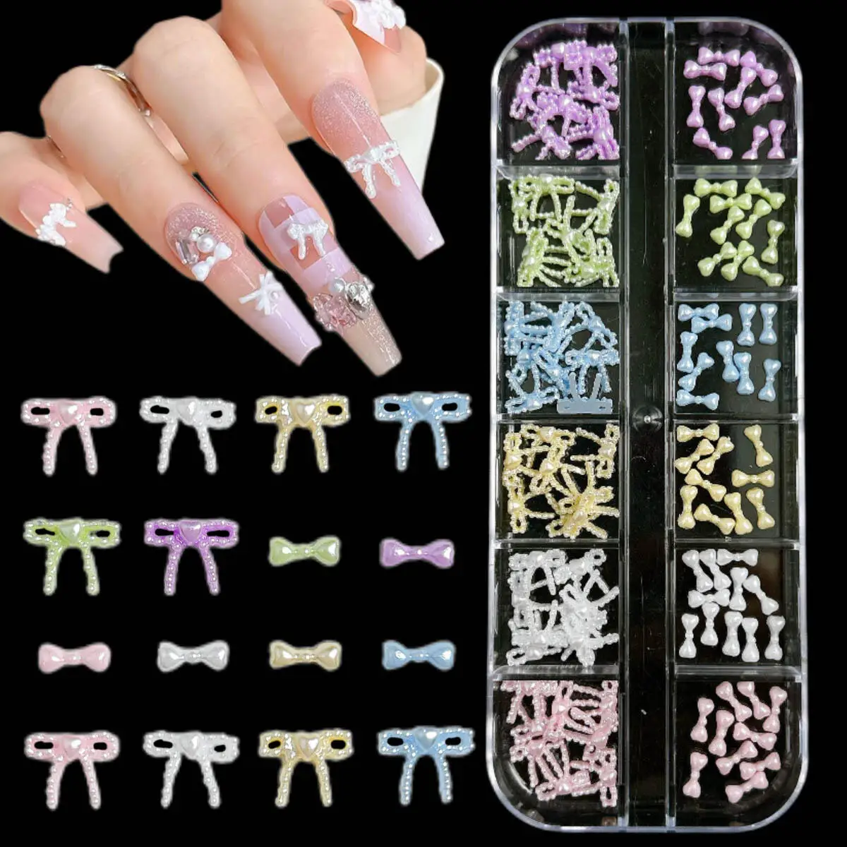 1 caixa doce brilhante 6 cores laço resina decorações da arte do prego adorável mini laços arcos encantos do prego para diy ornamentos de unhas de fadas