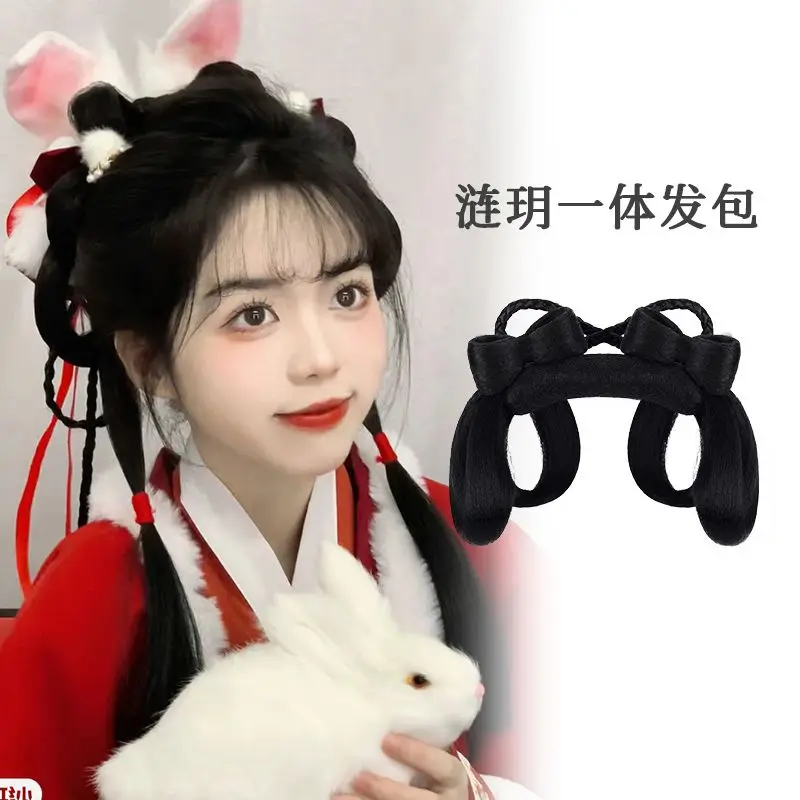 Ming Dynasty Hanfu คอสเพลย์วิกผม All-in-One Puffy Horn Bun Bowknot คลิปจีนโบราณผมทุกวัน Updo Hairpiece สําหรับผู้หญิง