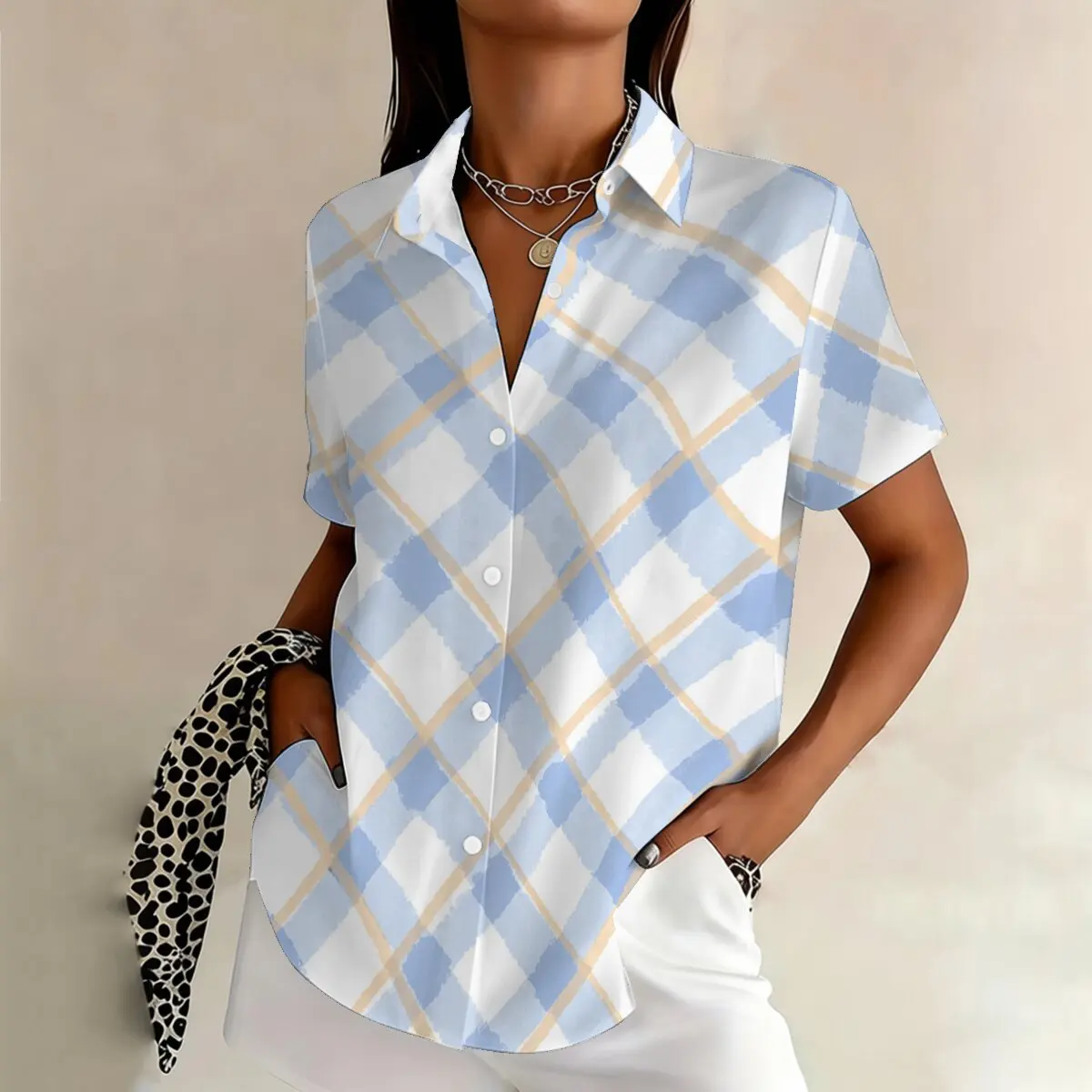

Fashion plus-size women's short-sleeve shirt,refreshing plaid print for summer,suitable for fashion,casual,business and social