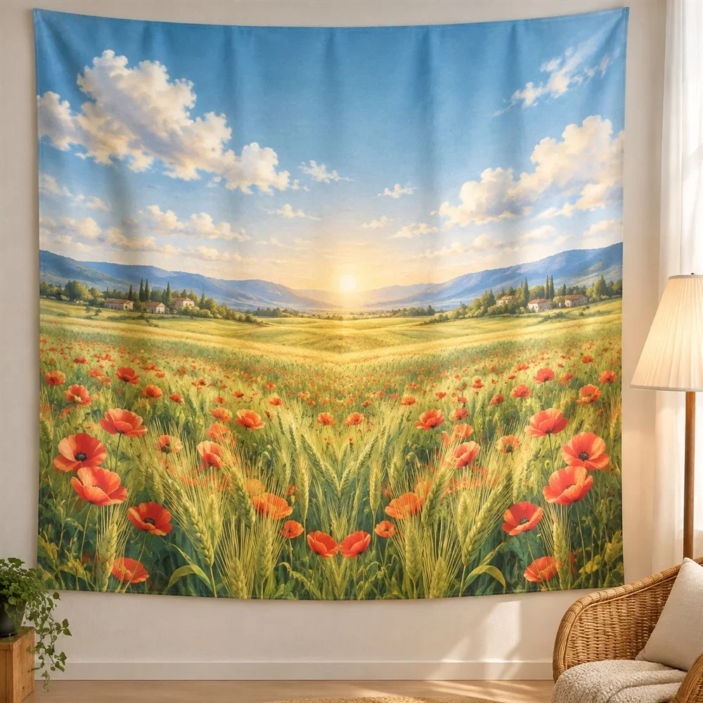 VIKAMA Poppy Flower Field Tapestry Wall Hanging, Pastoral Wall Decor Tapestries for Living Room Bedroom Entryway Dining Room