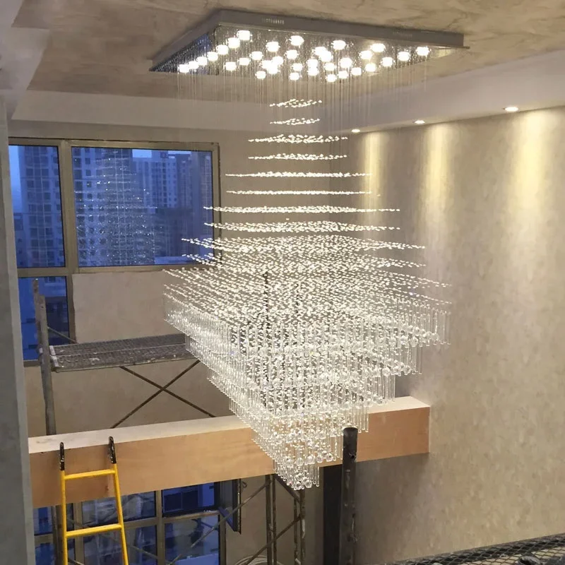 Duplex Building Big Pendant Lamps Living Room Lamp Modern Villa Hall Hotel Square Crystal Long Hanging Lights Staircase ZG8459#