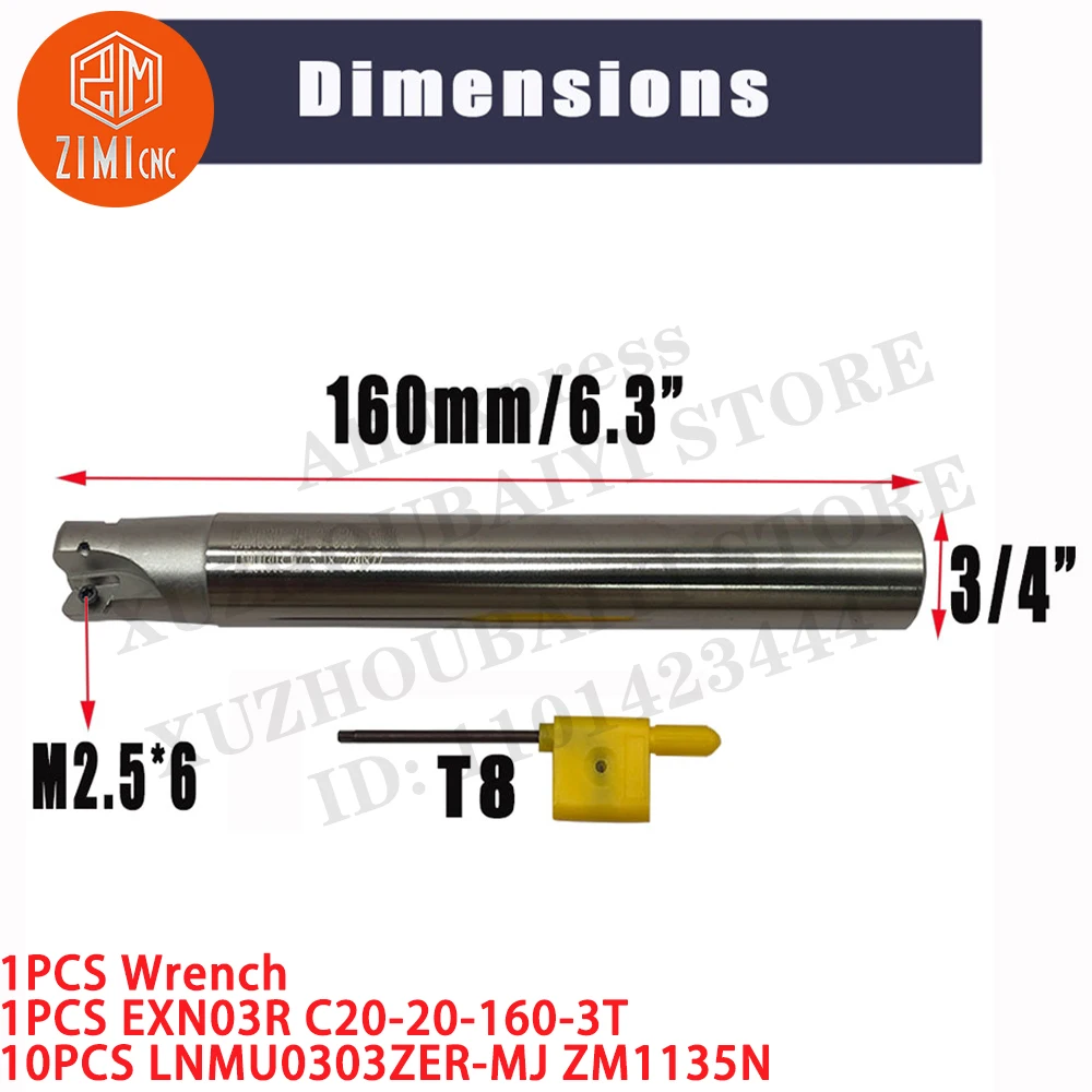 1 قطعة EXN03R C20-20-160-3T قطع نهاية مطحنة شانك + 10 قطعة LNMU0303ZER-MJ ZM1135N مؤشر إدراج الطحن مخرطة معدنية CNC أداة قطع