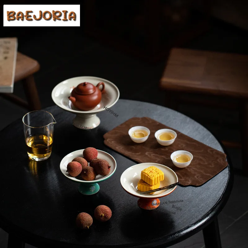 BAEJORIA Japanese Turquoise Green High Fruit Dishes Handmade Pastry Plate Plates For Food Drinkware Supplies Decoration Gifts