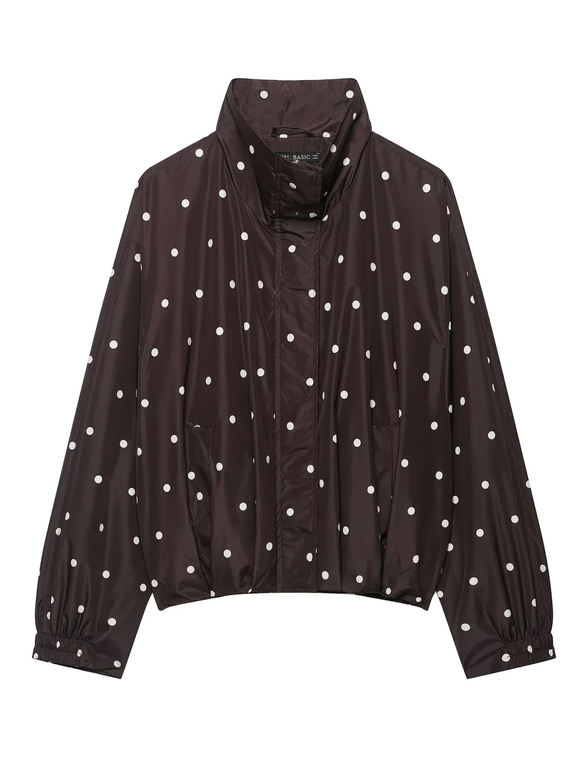 Damen-Herbstjacke, neu, mit Polka-Dot-Muster, Windbreaker-Stil, Stehkragen, lange Ärmel, elastischer Saum, leicht, lässig, locker geschnitten, mit Reißverschluss, Oberbekleidung. – Detail 13