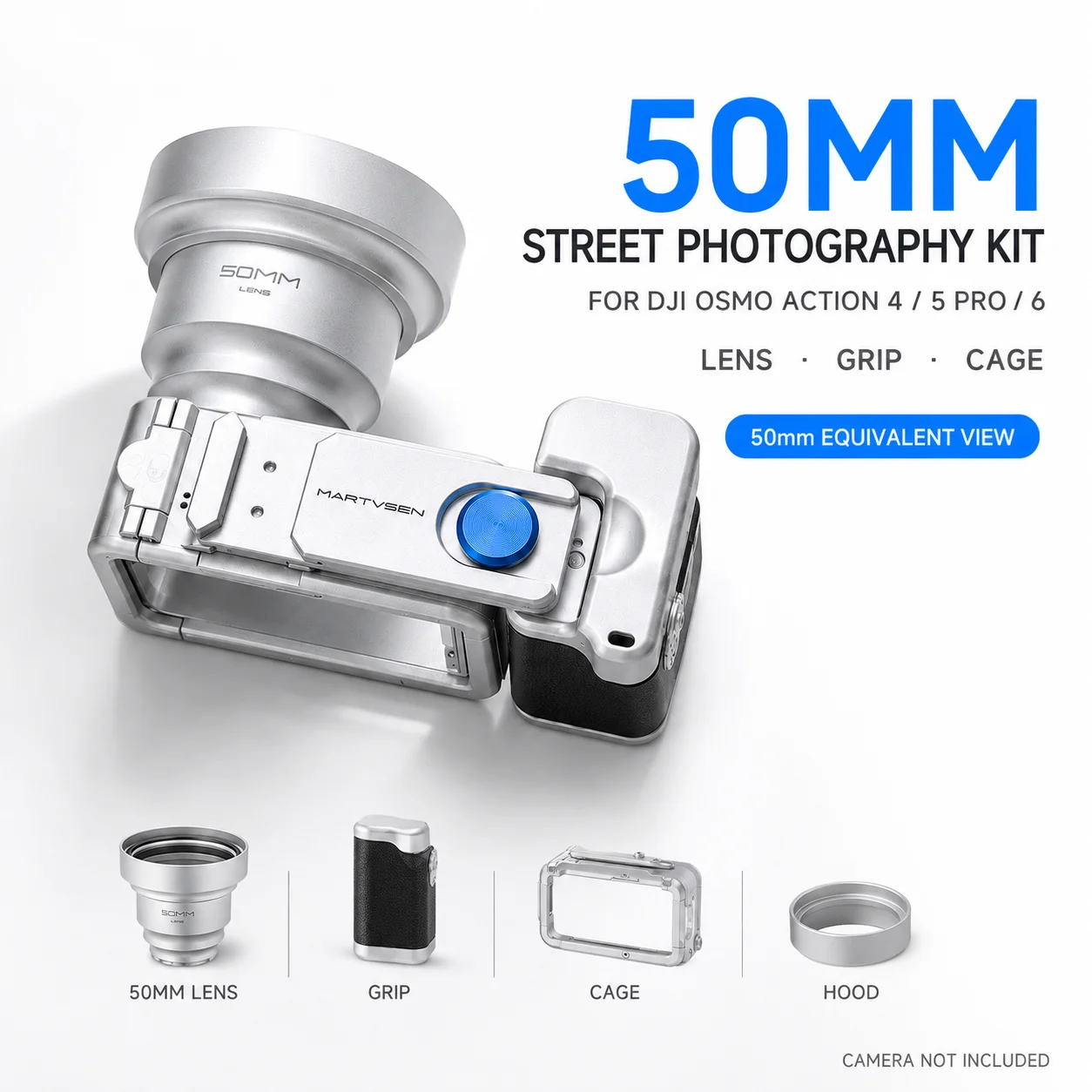 50mm Lens Street Photography Grip Kit for DJI Osmo Action 4 5 Pro 6 Camera Cage Handle Optical Lens Hood