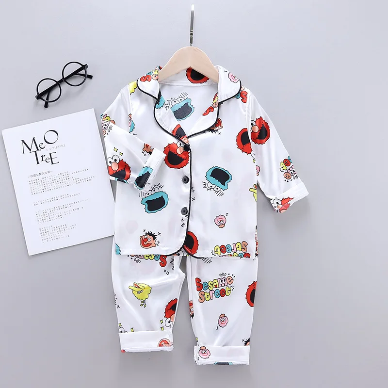 Children Silk Satin Pajamas Set Baby Boys Girls Cartoon Dinosaur Tops Trousers 2Pcs Spring Autumn Kids Satin Set Home Sleepwear