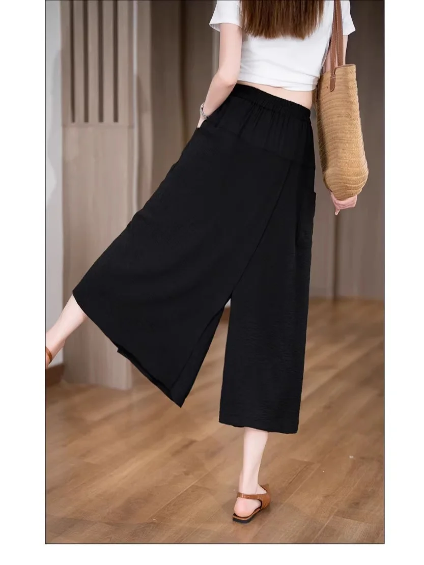 Slimming High-Waist Asymmetric Casual Skirt Pants Loose Fit Thin Material Comfortable Lazy Style Wide Leg Pants for plus Size