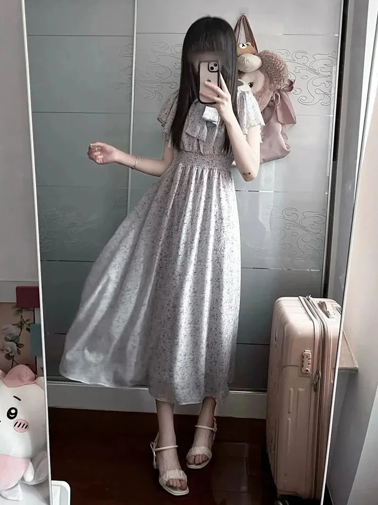 

Summer Floral Print Short Sleeve Dress Women's A-Line Midi Dress Bow Knot Waist Cinching Slimming Long Dress Japanese Style