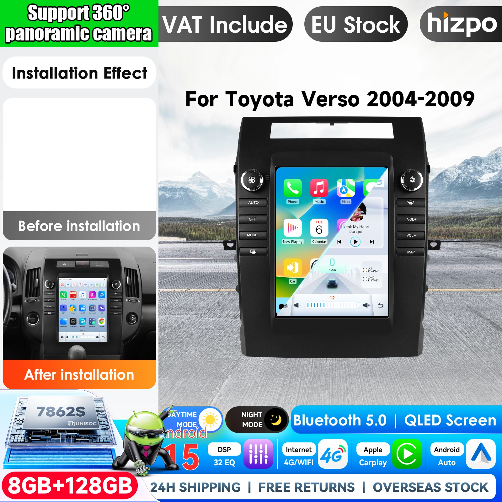 Hizpo 9,7-calowy samochodowy radio multimedialne z obsługą CarPlay, odtwarzacz wideo, ekran samochodowy do Toyoty Corolla Verso 2004–2009, 8-rdzeniowy procesor, Android 16, FM, 4G, GPS, Bluetooth,