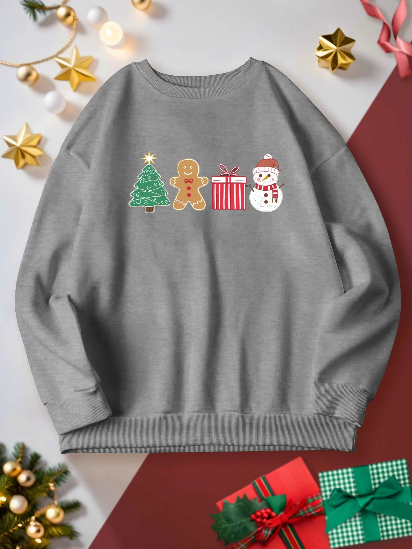 Chilly Fun, Cozy Plus Size Women's Sweatshirt with Festive Gingerbread for Man & Snowman Design - Long Sleeve, Crew Neck, Casual