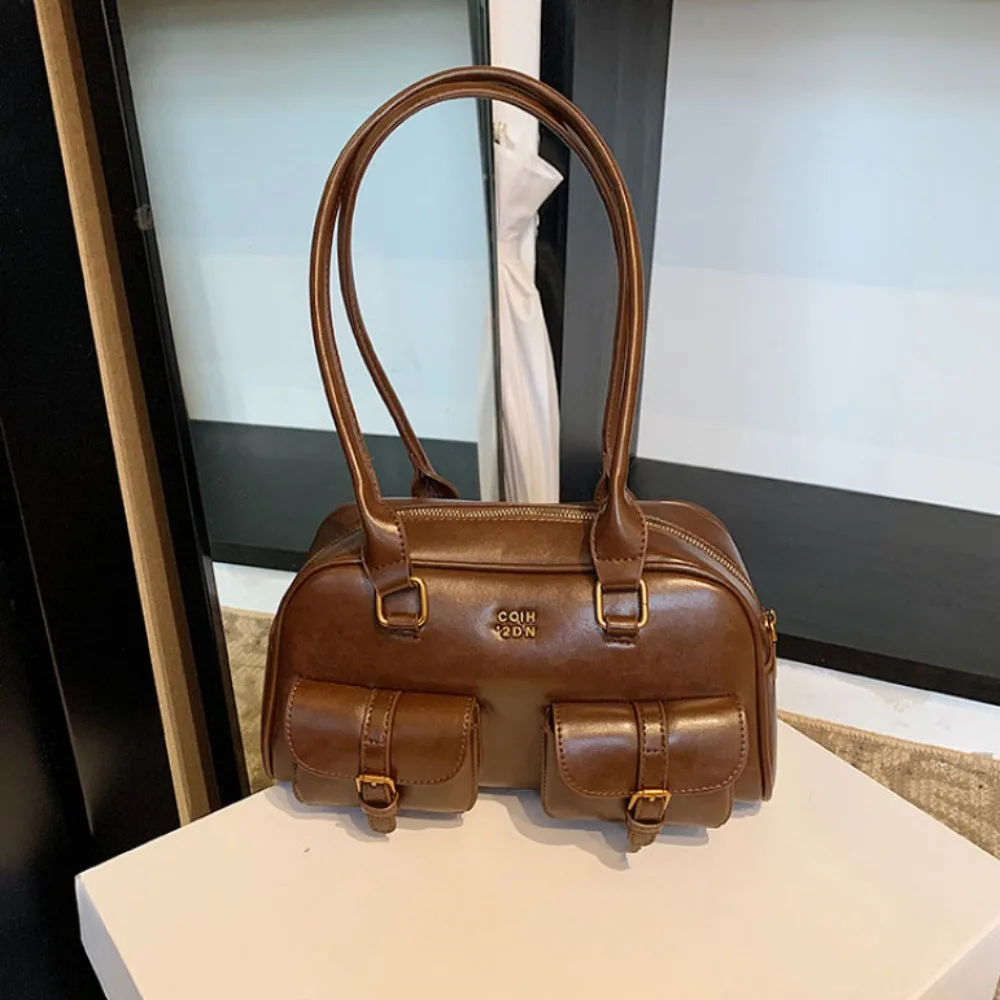 

Creative JK Leather Shoulder Bag Solid Color PU Leather Bowling Bag Handheld Multifunction Hobo Bag Children