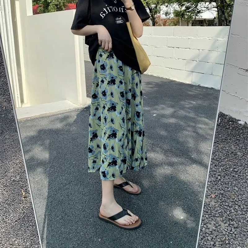 

Vintage Printed A-Line Midi Skirts Summer Thin Broken Flowers Commute Women's Clothing High Waist Elastic Casual Fashion Skirts