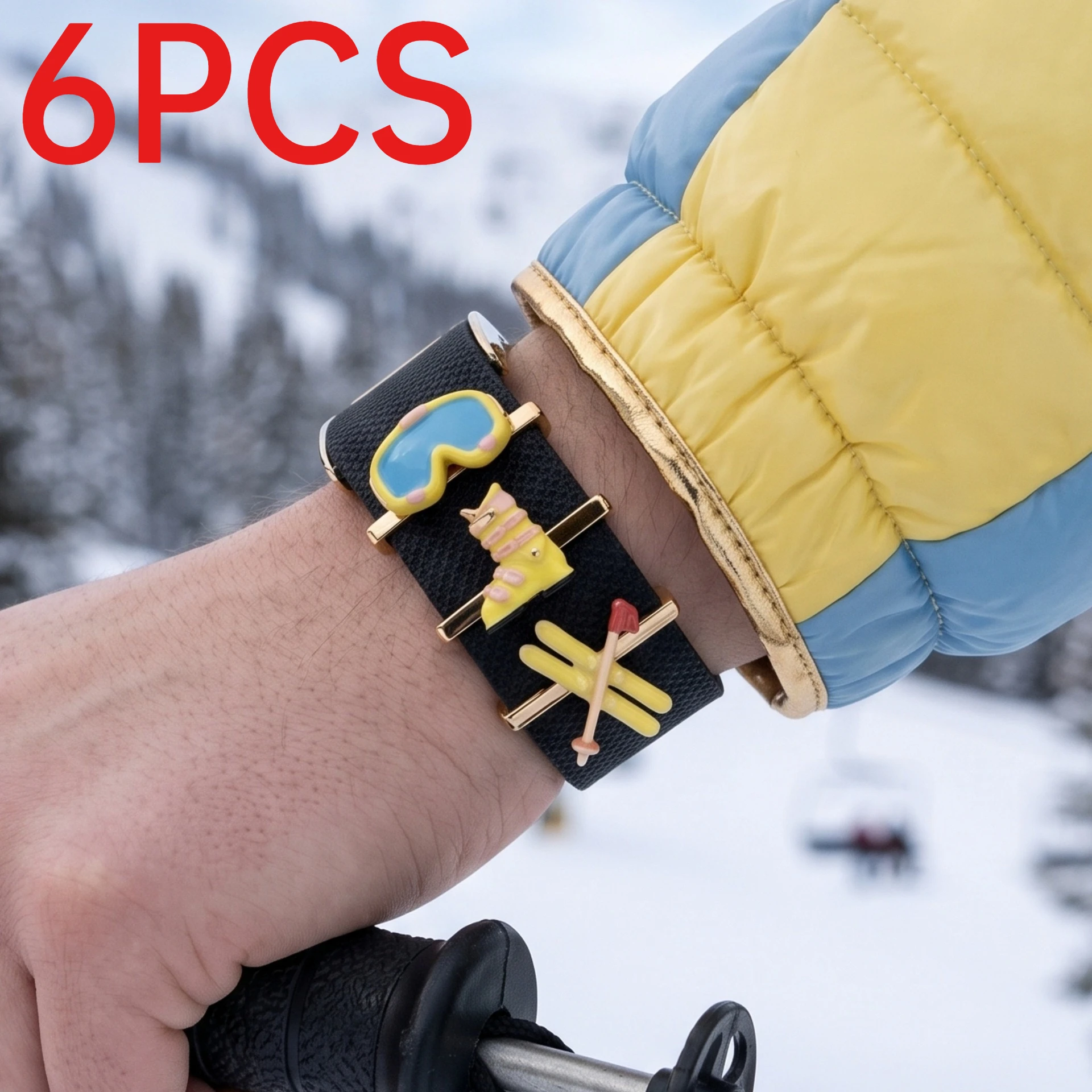 6Pcs Stainless Steel Ski Theme Watch Band Charms Winter Ski Gear DIY Watch Strap Wristband Accessories