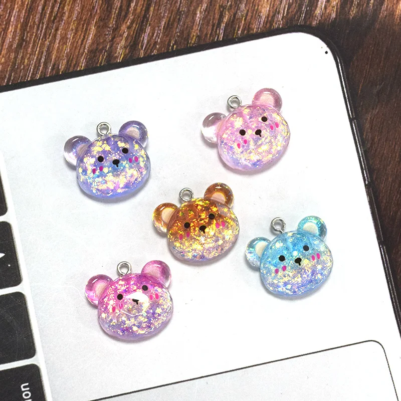 10pcs Glitter Cut Bear Resin Charms Colorful Cartoon Bears Pendant For Necklace Earring Diy Jewelry Make