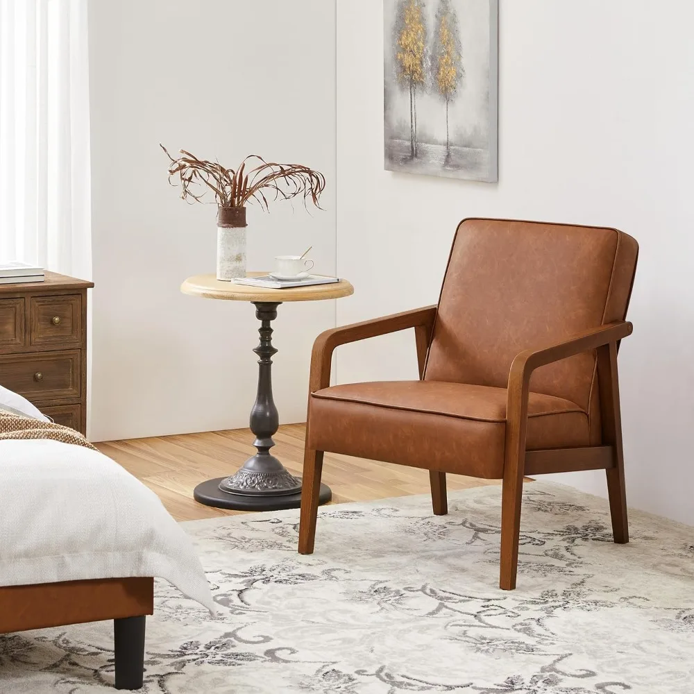 

PU Leather Accent Chair, Mid-Century Modern Barrel Chair with Wooden Frame and Soft Thick Padded for Living Room Bedroom Home O
