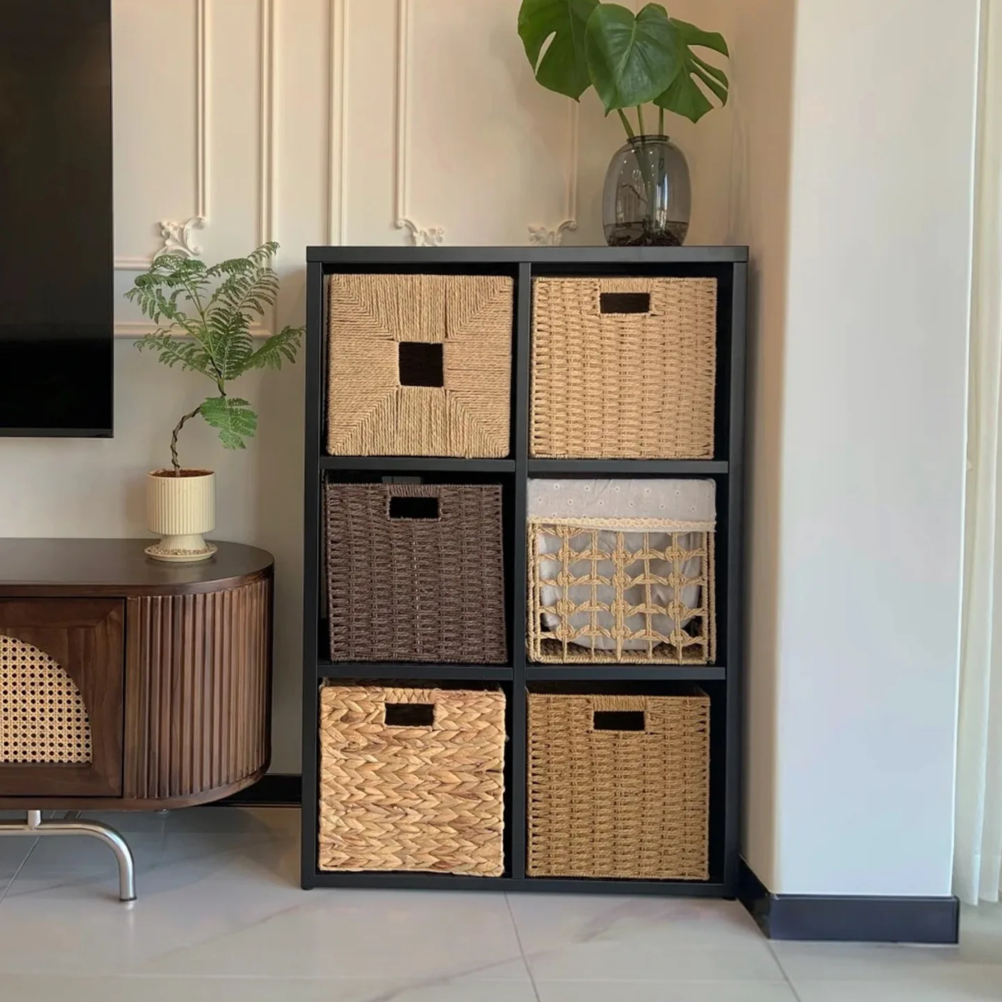 Solid Wood Core Chest TV Side Partition Six Grid Floor Cabinet Bookshelf Medieval Shelf