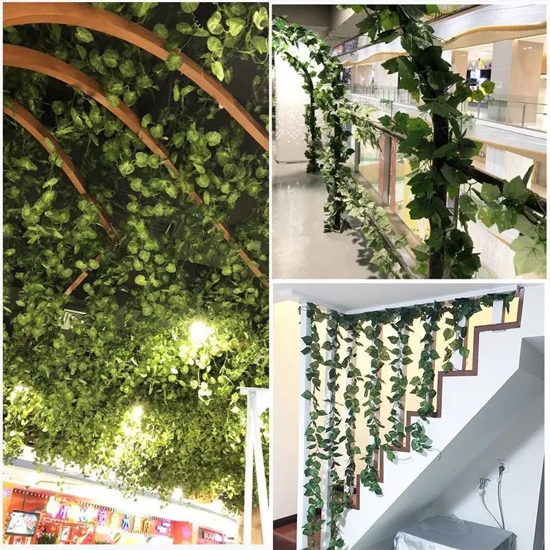 200cm Artificial Plant Green Ivy Leaf Garland Silk Wall Hanging Vine Home Garden Decoration Wedding Party DIY Fake Wreath Leaves