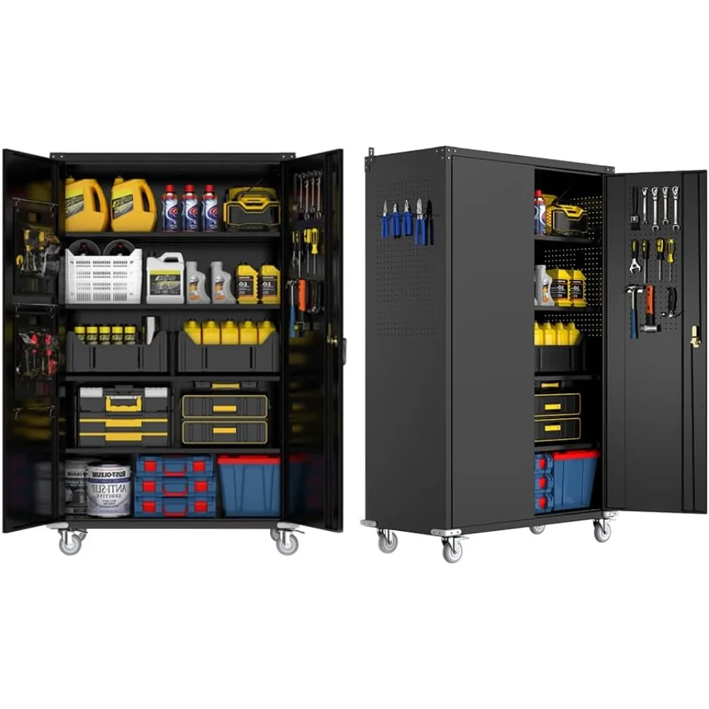 

Wide & Deep Metal Garage Storage Cabinet with Pegboard & Adjustable Shelves, Lockable Storage Cabinet with Wheels, Tool Organiza