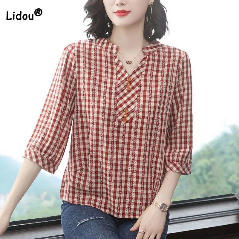 Fashion Elegant 3/4 Sleeve Plaid Shirt Summer New Women\'s Clothing Simplicity Button Patchwork Loose V-Neck Blouse for Female