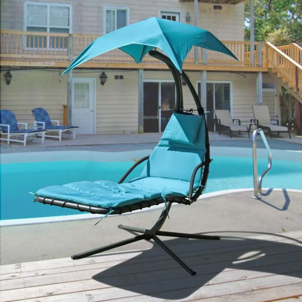 

Patio Hanging Chaise Outdoor Lounger Padded Cushion Swing Hammock Chair w/Sun Shade Canopy Umbrella Stand [Blue]