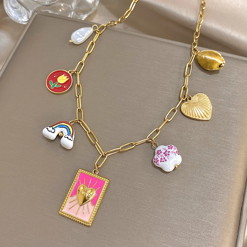 

Creative Stainless Steel Gold Color Chain Choker Necklace for Women Cute Rainbow Flower Love Heart Pendant Necklace Gift