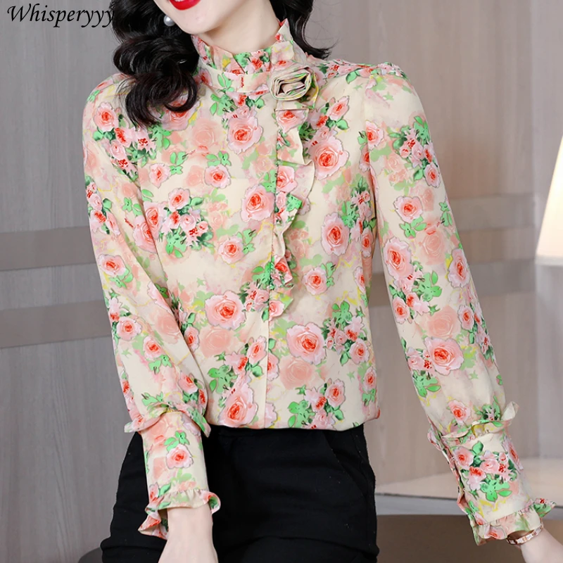 Spring New Retro Rose Shirt Women Temperament Floral Stand-up Collar Shirt Femme Blusas De Chifon Elegantes Long-sleeved Tops