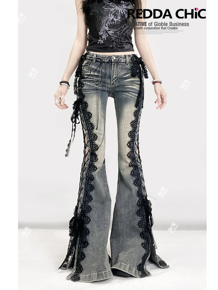 الشارع خمر Y2k الدانتيل حزام سبليت الدنيم السراويل النساء مستقيم فضفاض بنطال ذو قصة أرجل واسعة 2025 الصيف الشارع الشهير جرس أسفل الجينز