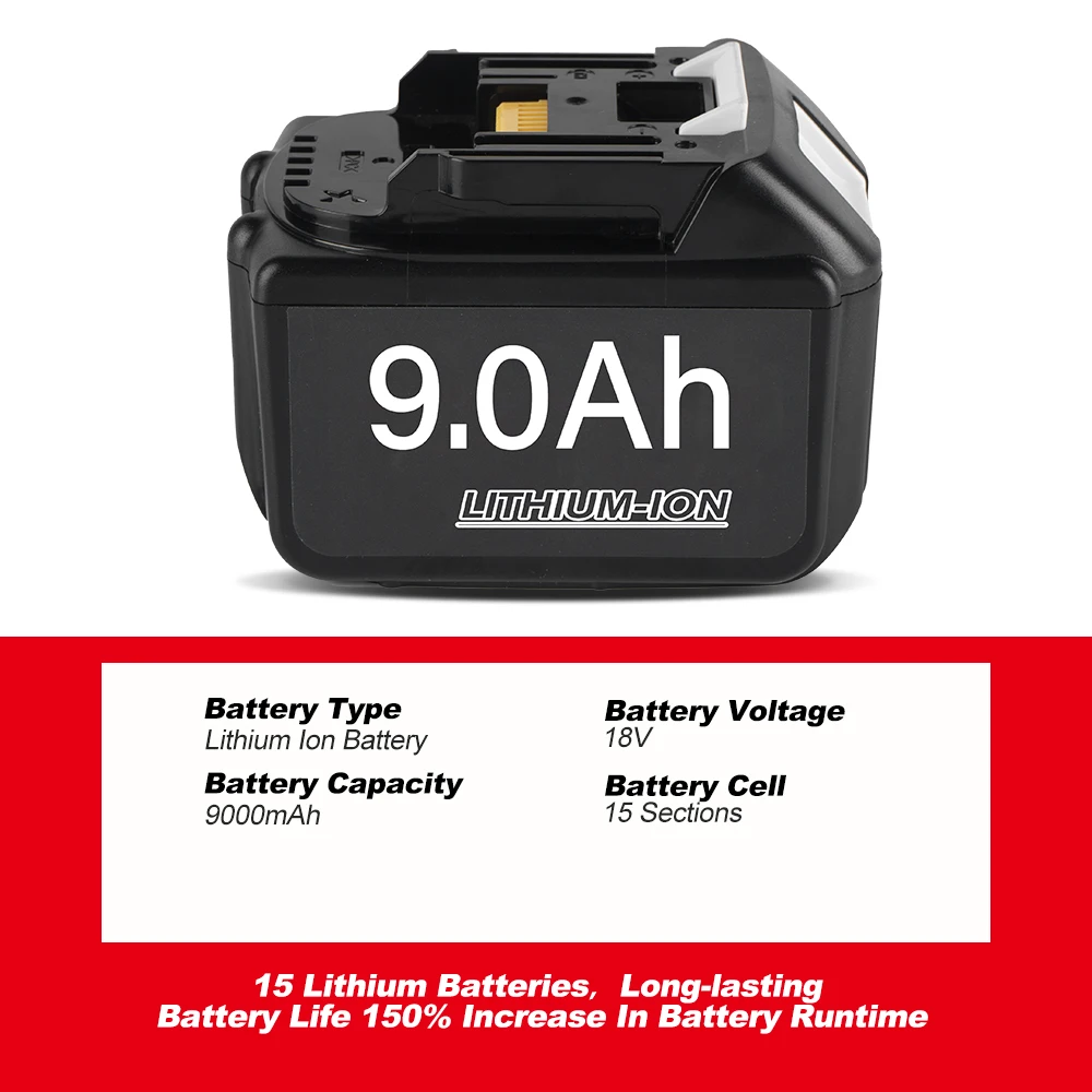 100% Compatible Makita 18V 9.0Ah Rechargeable Power Tool Battery Lithium ion Replacement LXT BL1860B BL1860 BL1850 DHP482RFX9