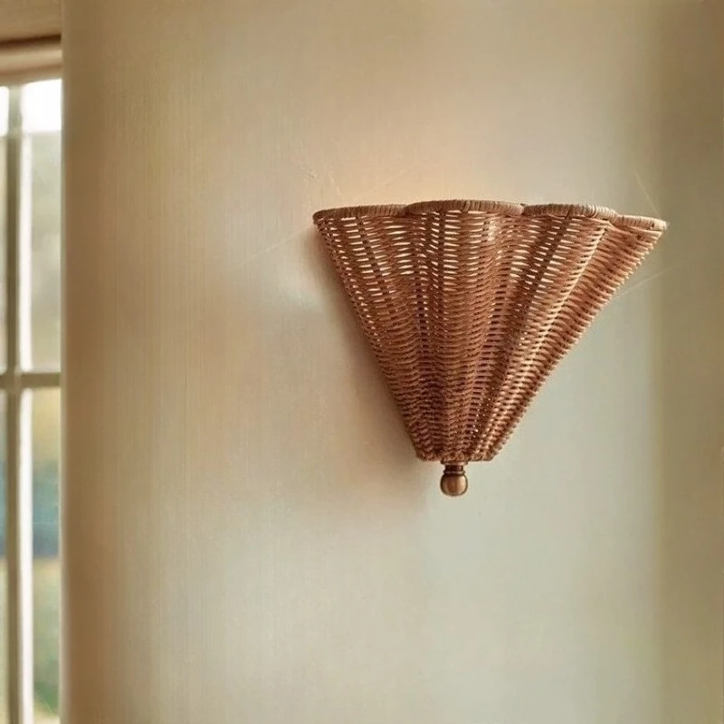Japanese Wabi Sabi Style Wall Lamp Handmade Rattan Weaving LED Wall Sconce Living Room Restaurant Homestay Home Decor Wall Light