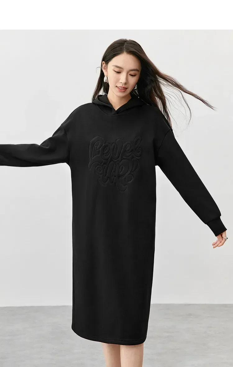 

SENTUBILA Sweatshirt Dresses Women Cotton 2025 Spring Winter Knit Hooded Loose Letter Embroidery Pullovers Long Dress 144L57099