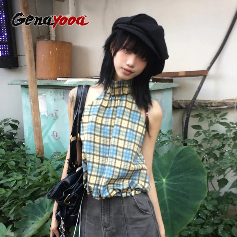 

Genayooa, японские топы на бретелях 2000-х годов, женские клетчатые футболки без рукавов Y2k, винтажные укороченные топы с открытой спиной, американские ретро топы на бретельках 90-х годов