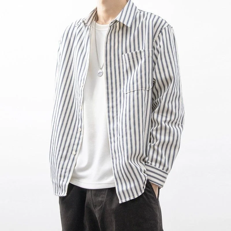 Spring and Autumn Versatile Trendy Temperament Men's Top Splice Pockets Button Square Neck Long Sleeved Commuting Striped Shirt