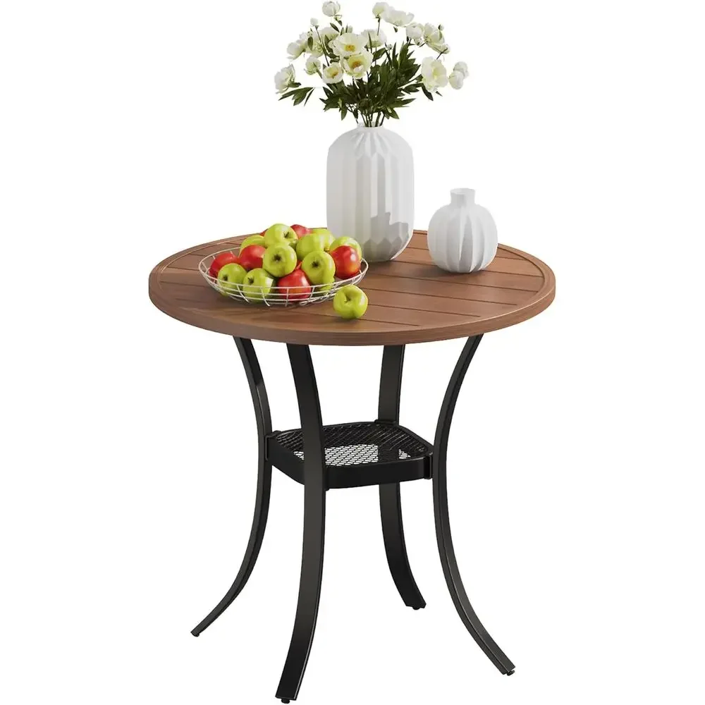 Outdoor Patio Dining Table Set, 2-Seat Round Metal Slatted with Storage Shelf, Walnut Top, No Umbrella Hole