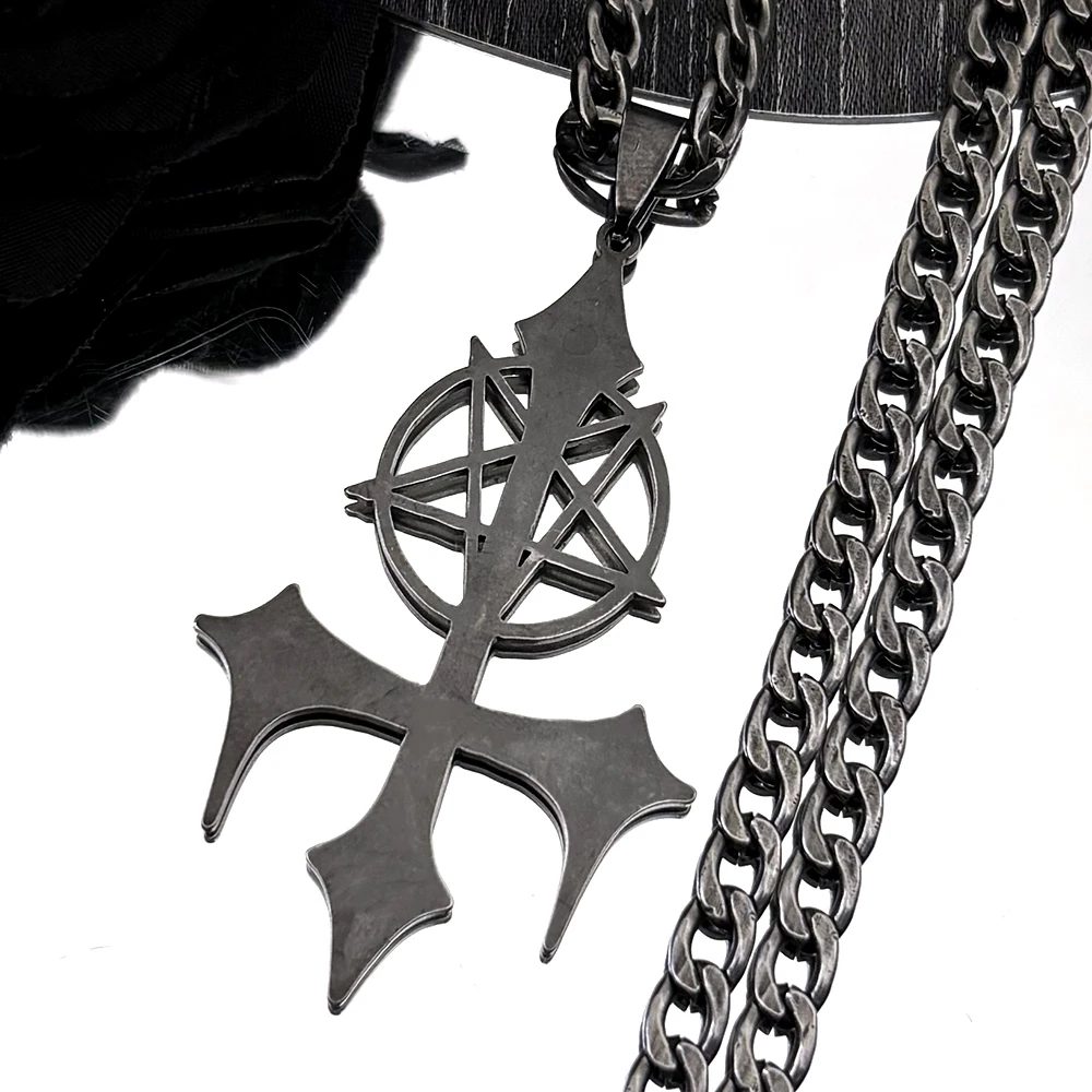 

Pentagram Satan Fork Stainless Steel Inverted Star Cross Pendant Necklace for Women Men Gun Black Chain Necklaces Jewelry Gift