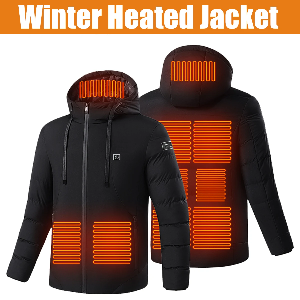 Men\'s Heated Jacket, Winter Warm Outdoor USB Electric Heated Jacket with 9 Carbon Fiber Heating Pads, 3 Temperature Levels