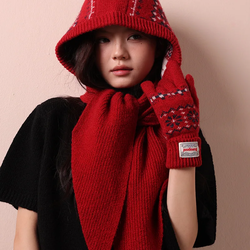 2025 New Winter and New Year Red Versatile Atmosphere Knitted Scarf Balaclava Women's Warm Knitted Bomber Hat Gloves 3pcs Set