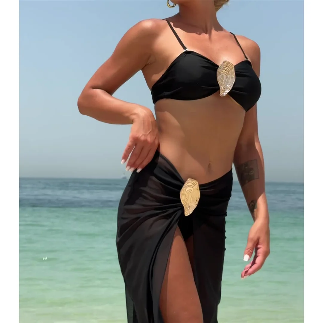 Neu mit Rock, Metallring, brasilianischer Bikini, Damen-Badeanzug, Damen-Bademode, dreiteiliges Bikini-Set, Badeanzug, Badebekleidung, Schwimmbekleidung V6990 – Detail 6