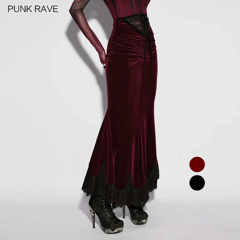 PUNK RAVE Women's Gothic Church Split Lace Drawstring Waist High-quality Velvet Skirt Romantic Fishtail Embellished Long Skirts