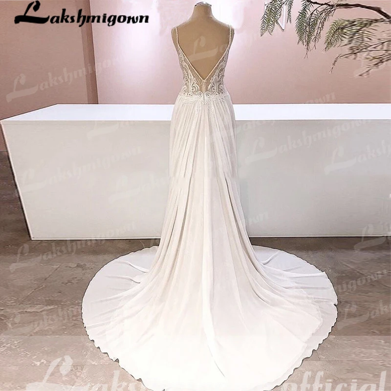 Spaghetti Straps Tulle Vestido De Novia Transparent V-neck Lace Boho Wedding Dress Backless Chiffon Bride Dresses Customized