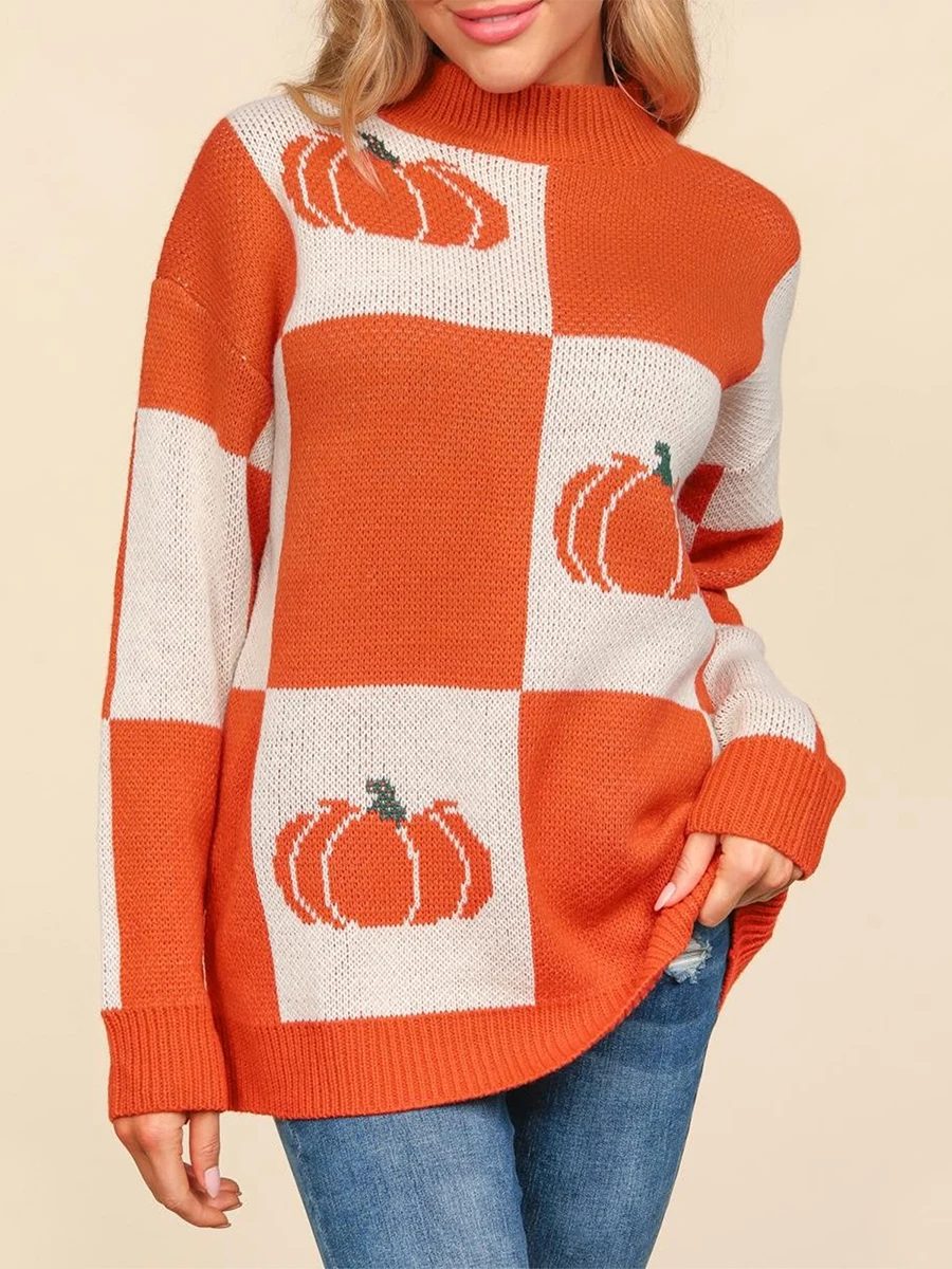 Women's Halloween Pumpkin Sweater Loose Checkerboard Mock Neck Long Sleeve Pullover Knit Tops Casual Streetwear