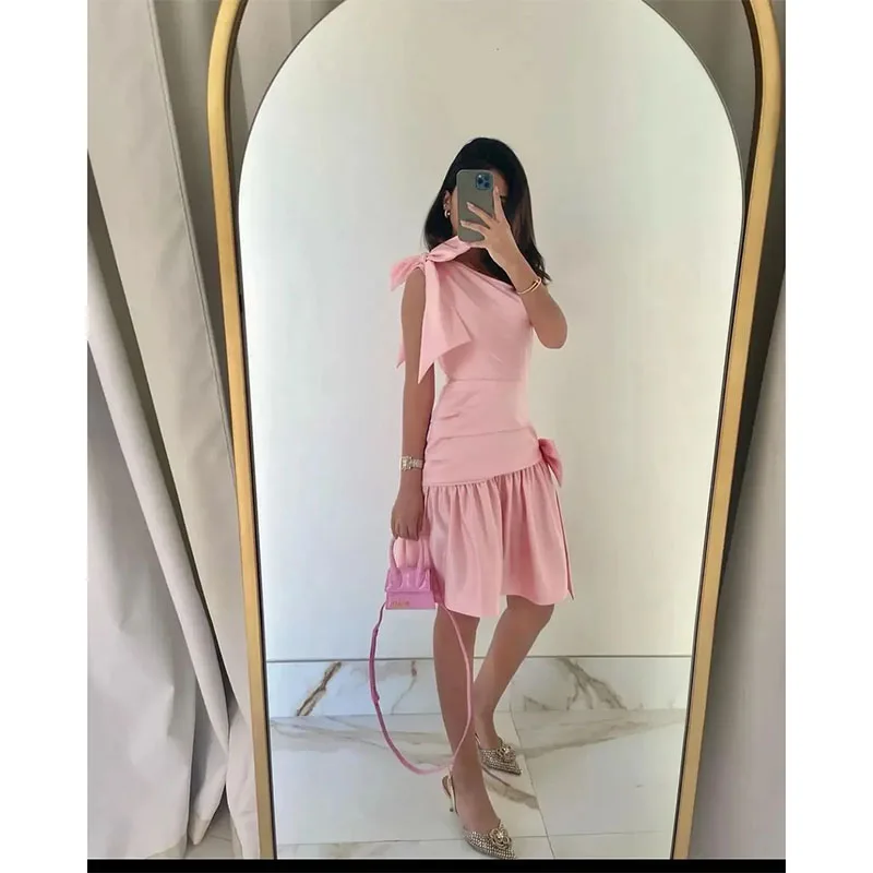 

Fashion Sexy Pink Short Prom Simple One Shoulder Bow Formal Occasion Saudi Arabia Women's Evening Dress