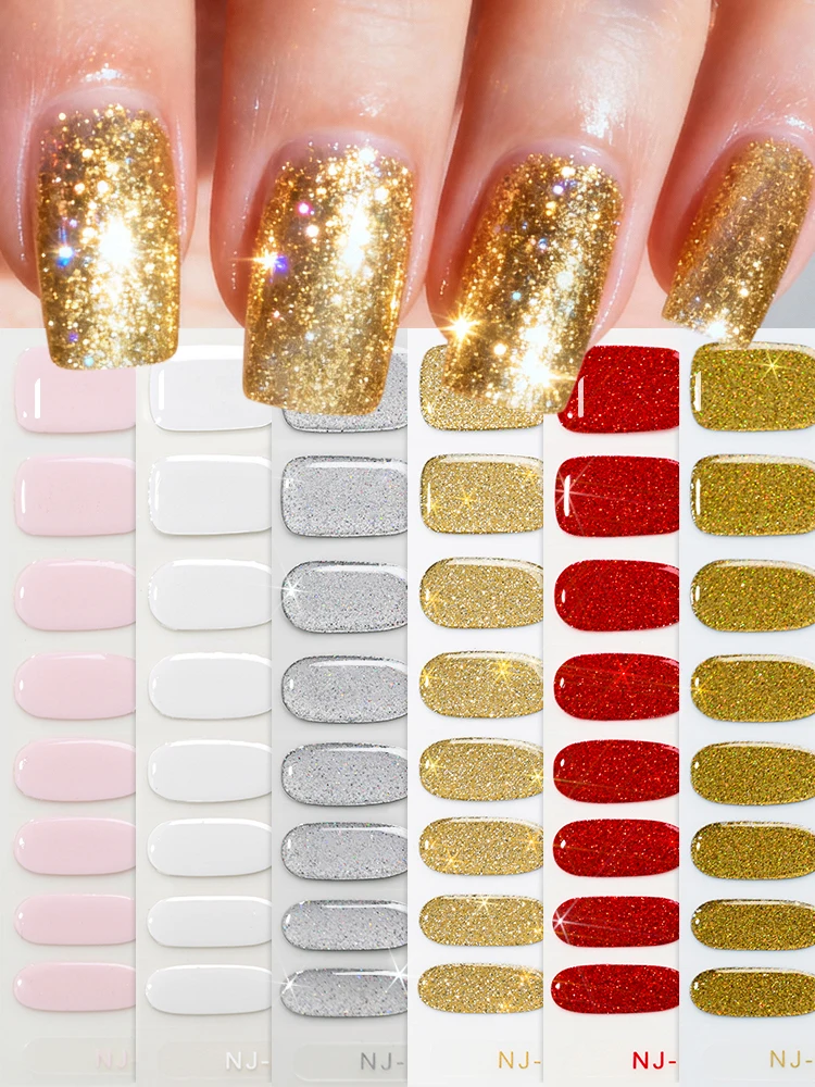 16 نصائح الذهبي بريق هلام مسمار ملصق بلون فلاش UV/LED مصباح رقعة جل طويلة الأمد غطاء كامل هلام ملصق + شريط ملف