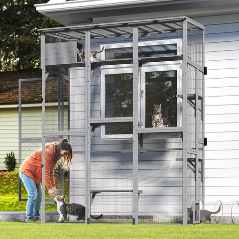 100" Outdoor Catio Cat Enclosure, Large Wooden Cat House with Waterproof Roof & Bridge, 5 Platforms, Rest Box for Multiple Cats, Patio & Backyard