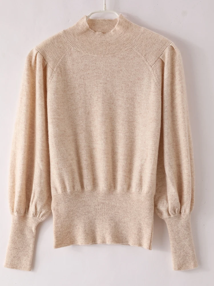 Women's Autumn Winter Bubble Sleeve Mock Neck Sweater Wool Sweater Long Sleeve Pullover Grace Soft 100% Merino Wool Knitwear