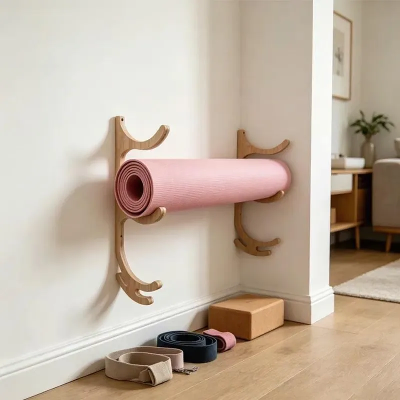 Customized Double Layer Eco Friendly Bamboo Wood Yoga Mat Rack Vertical Storage Stand with Hook for Home Gym