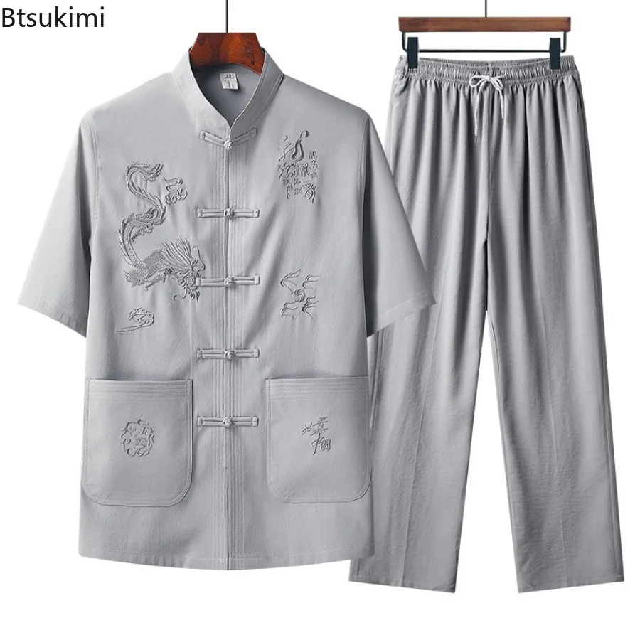 Summer Chinese Style Embroidery Tang Suit Men\'s Stand Collar Shirt and Pants Loose Casual Han Fu Two-pieces Men Tai Chi Outfits